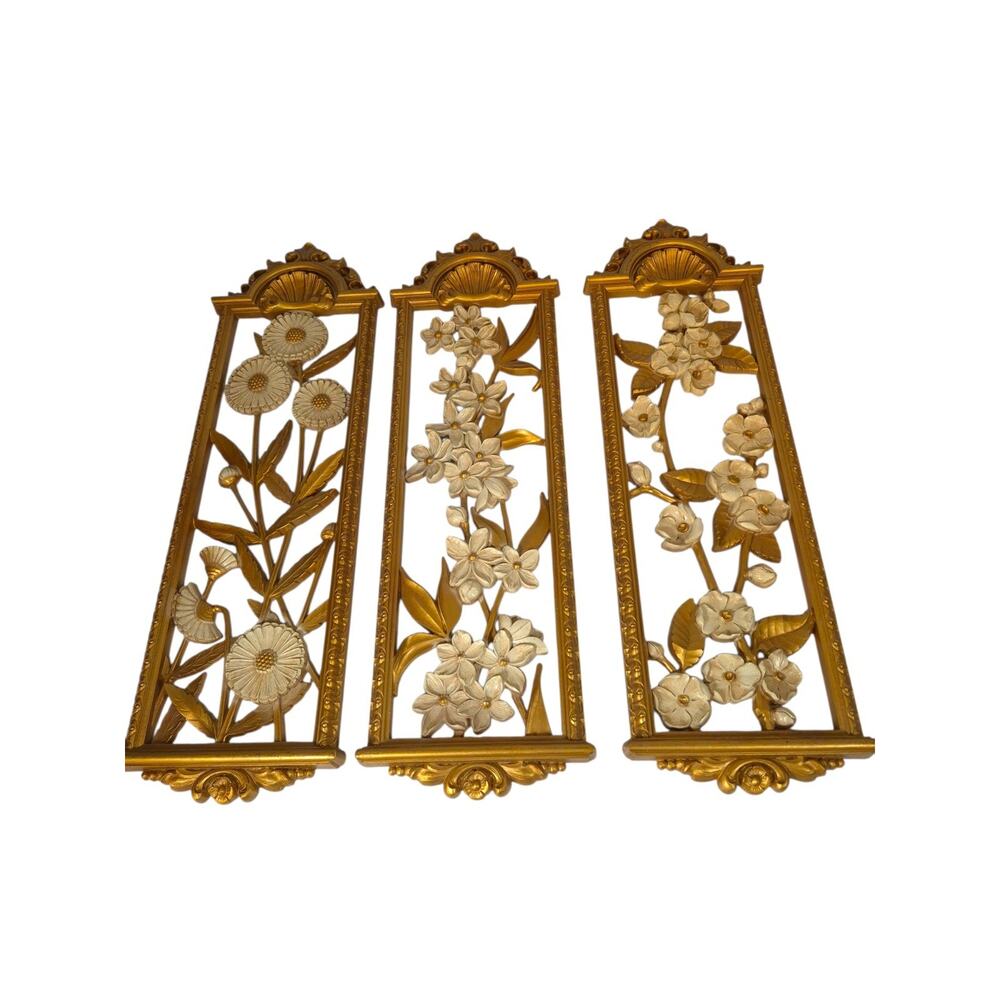 MCM Syrco Set Of 3 Wall Floral Decor Plastic Gold White Regency Grandmacore 22x7